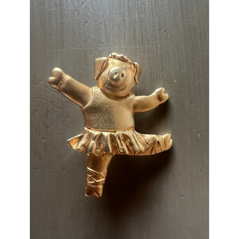 Vintage Pig Ballerina Brooch Gold‎ Ballet Pin Signed DP 90s Whimsical Novelty